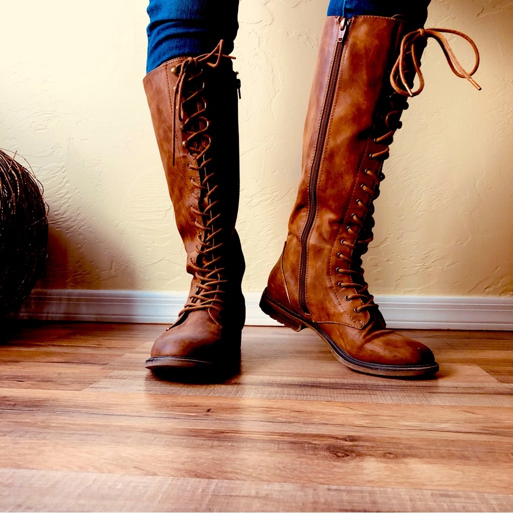 Tall brown lace up boots